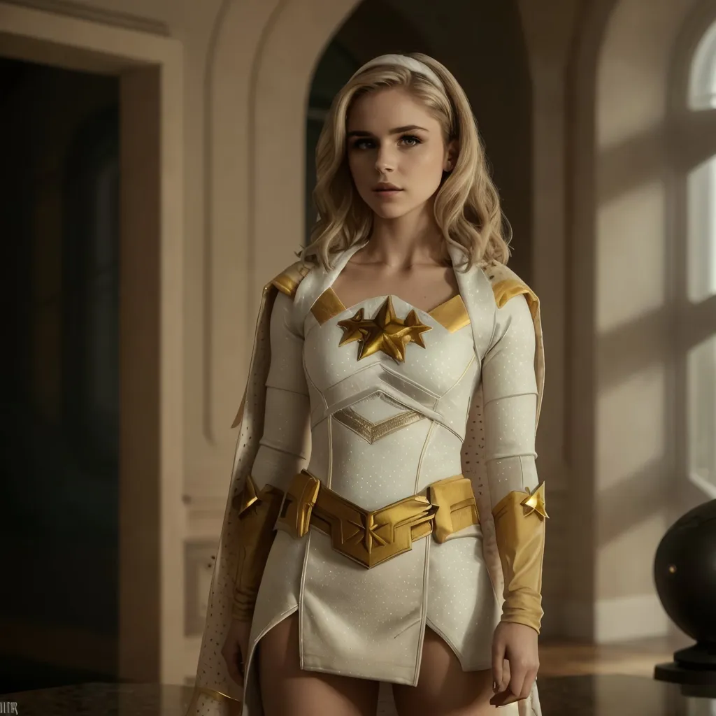 The image shows a young woman standing in a hallway. She is wearing a white and gold superhero costume with a cape. The costume has a star on the chest and a belt with a star-shaped buckle. She is also wearing white boots and gloves. The woman has long blond hair and blue eyes. She is looking at the camera with a serious expression.