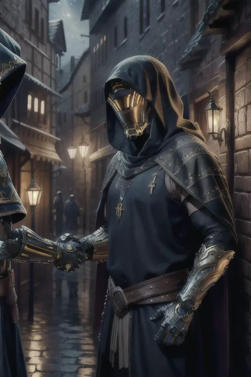 The image is a dark and rainy night in a medieval city. The two figures in the foreground are wearing black cloaks and gold armor. They are shaking hands, and the one on the left is saying something to the one on the right. In the background, there is a tavern with a sign that says "The Blacksmith's Arms".