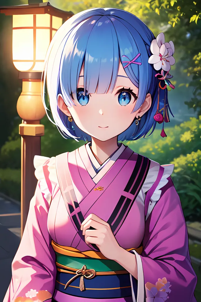 The image is a portrait of a young woman with blue hair and eyes. She is wearing a pink kimono with a white obi and has a flower in her hair. She is standing in a garden and there is a lantern next to her. The background is blurry and there are trees in the distance. The image is drawn in an anime style.