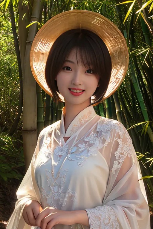 The image shows a young woman wearing a traditional Chinese dress, also known as a cheongsam, with a white outer layer and floral embroidery. She is standing in a bamboo forest and smiling. She has a gentle smile on her face. The background is blurred, but it looks like there are bamboo plants behind her.