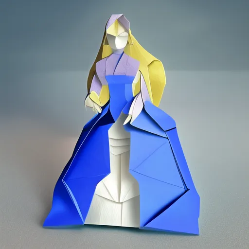 A imagem é de uma figura de origami de uma mulher. A mulher está vestindo um vestido azul com uma saia branca por baixo. O vestido tem um decote em forma de coração e é guarnecido com fita dourada. O cabelo da mulher é longo e loiro, e ela está usando uma coroa dourada. Ela está em pé sobre um pedestal branco. A figura é feita de papel dobrado e é muito detalhada.