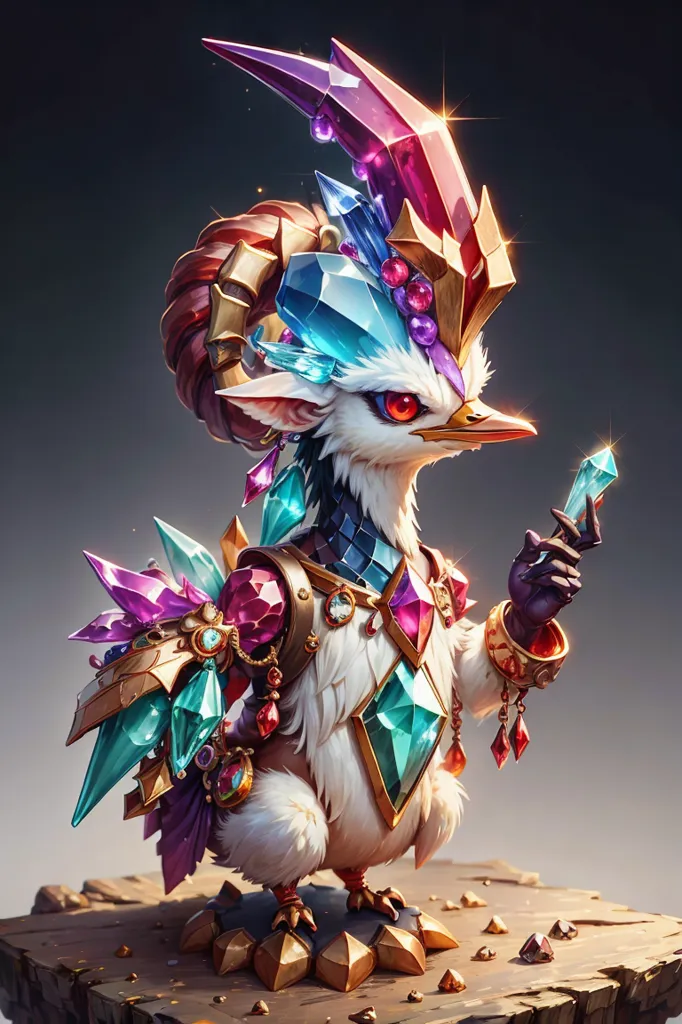 The image shows a small, white creature with a long, flowing mane and a pair of ram-like horns on its head. The creature is covered in colorful gemstones and jewelry, and it is holding a small, glowing crystal in its right hand. The creature is standing on a rocky outcrop, and there are several other crystals scattered around it. In the background, there is a dark, starry sky.