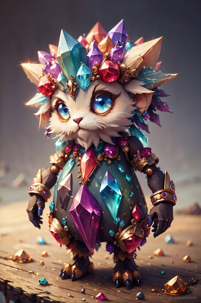 The image shows a small, furry creature with big blue eyes. It is wearing a golden crown and a necklace made of colorful gems. Its body is covered in gems and it has sharp claws. It is standing on a wooden plank and there are gems scattered around it. The background is a blur of brown and gray.