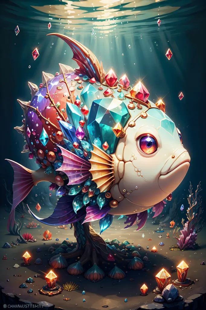 The image shows a cartoon fish with a white body and purple and yellow fins. It is covered in shiny crystals and jewels and has a golden crown on its head. The fish is sitting on a rock in the middle of a coral reef. The water is a deep blue color and there are sunbeams shining down from the surface.