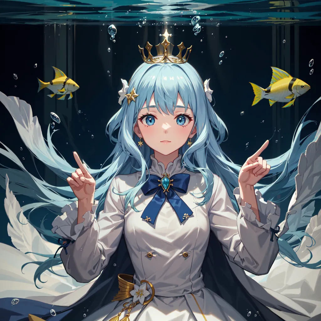 This is an image of a girl with long blue hair and blue eyes. She is wearing a white dress with a blue bow and a gold crown. She is standing in front of a blue background with two yellow fish swimming on either side of her. She has her index fingers pointing upwards.