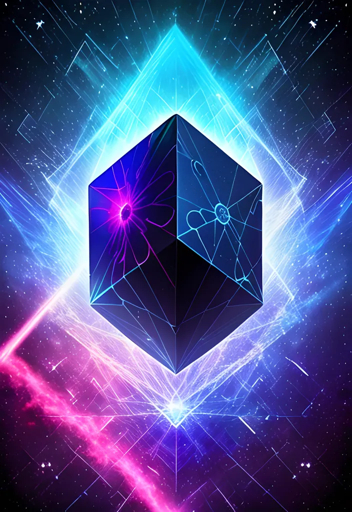 L'image est un cube tridimensionnel fait de lumières au néon bleues et violettes. Il est placé contre un fond d'étoiles et a un arrière-plan brillant rose et bleu. Le cube est fissuré et a un noyau violet lumineux.