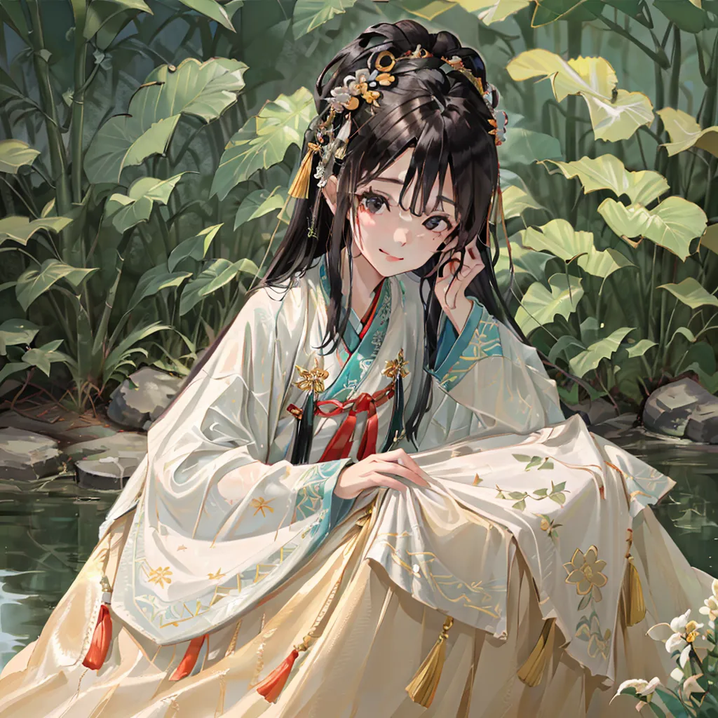 The picture shows a beautiful young woman with long black hair and brown eyes. She is wearing a traditional Chinese dress called a Hanfu. The dress is white and decorated with intricate patterns and has a long flowing skirt. The woman is sitting on a rock in a lush green garden with large green leaves and white flowers. She has a serene smile on her face and looks like she is enjoying the peace and beauty of the garden.