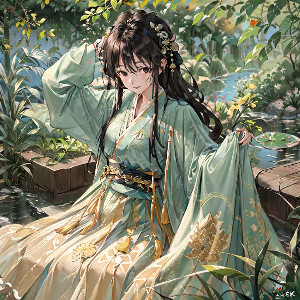 The image is a painting of a young woman in a green dress with long black hair. She is sitting on a wooden railing in a lush garden with green plants and flowers all around her. The background is blurry but it looks like there is a pond or river in the background. The woman is wearing a traditional Chinese dress with a white sash and gold trim. Her hair is long and black and she is wearing a white flower in her hair. She is looking at the viewer with a slight smile on her face.