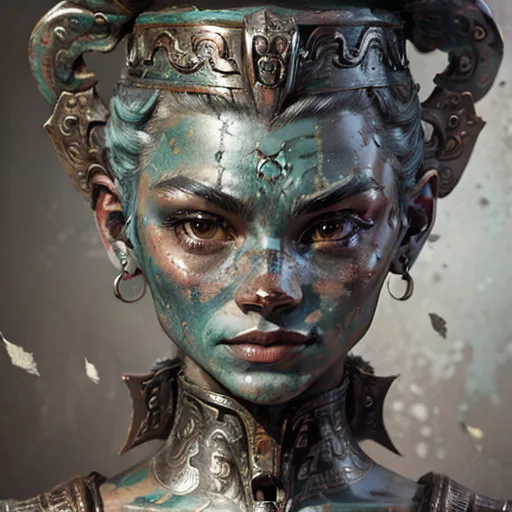 This is an image of a woman's face. She has dark brown eyes and her face is mostly covered in blue and silver metal. She is wearing a metal headdress that is shaped like a crown. The headdress has intricate designs on it. She is also wearing metal earrings and a metal necklace. The background of the image is dark and there are some small white objects floating in the air around her head.