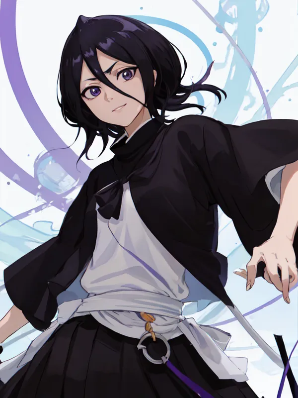 La imagen muestra a un hombre joven con cabello negro y ojos púrpura. Lleva un kimono negro y blanco. Tiene una expresión decidida en su rostro y está rodeado por un aura de color azul claro. Probablemente sea un personaje de una serie de anime o manga.