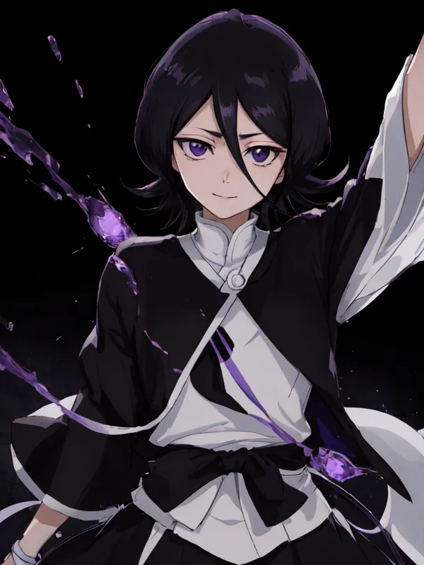 The image is of a young woman with black hair and purple eyes. She is wearing a black and white kimono. There is a dark purple liquid or energy surrounding her. She has a serious expression on her face. She is standing in a dark void. The image is likely from an anime or manga series.