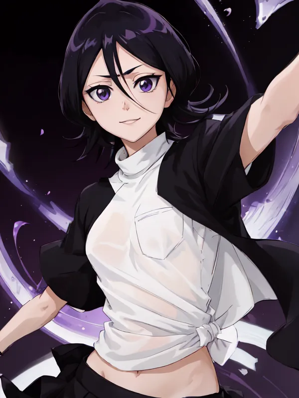 The image is of a young woman with black hair and purple eyes. She is wearing a white shirt that is partially unbuttoned, a black jacket, and a black skirt. She is standing with her left arm outstretched and her right arm close to her body. There is a dark purple energy swirling around her.