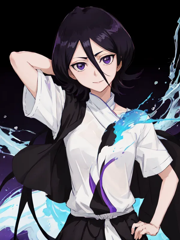 The image is of a young woman with mid-back length black hair with purple tips. She is wearing a white short-sleeved shirt that is partially untucked, a black vest, and a black hakama. She has a confident expression on her face and is looking at the viewer. There is water flowing around her.