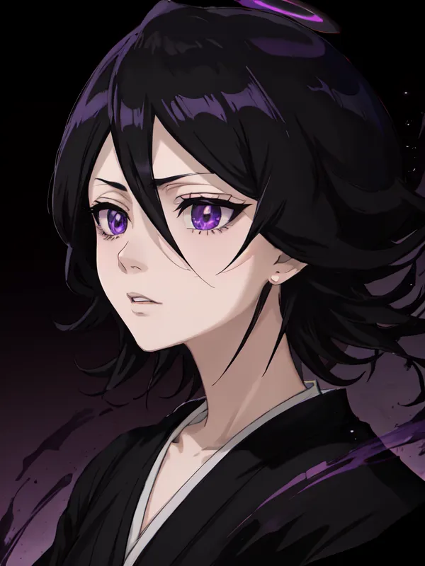 This image shows a young woman with mid-length black hair and purple eyes. She is wearing a black kimono with a white obi sash. Her hair is styled with a center part and her bangs are swept to the side. She has a serious expression on her face. The background is dark purple.