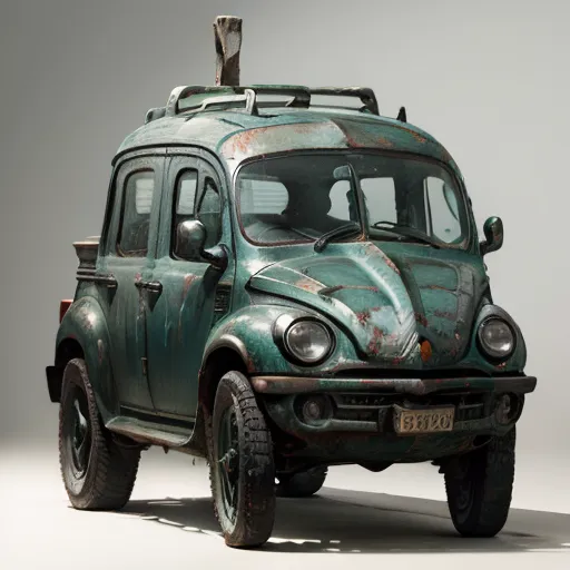 The image shows a green rusty car. It looks like a mix between a Volkswagen Beetle and a Jeep. The car has a roof rack with a wooden plank on it. The car is also equipped with off-road tires and a brush guard. The car is in poor condition and appears to have been abandoned.