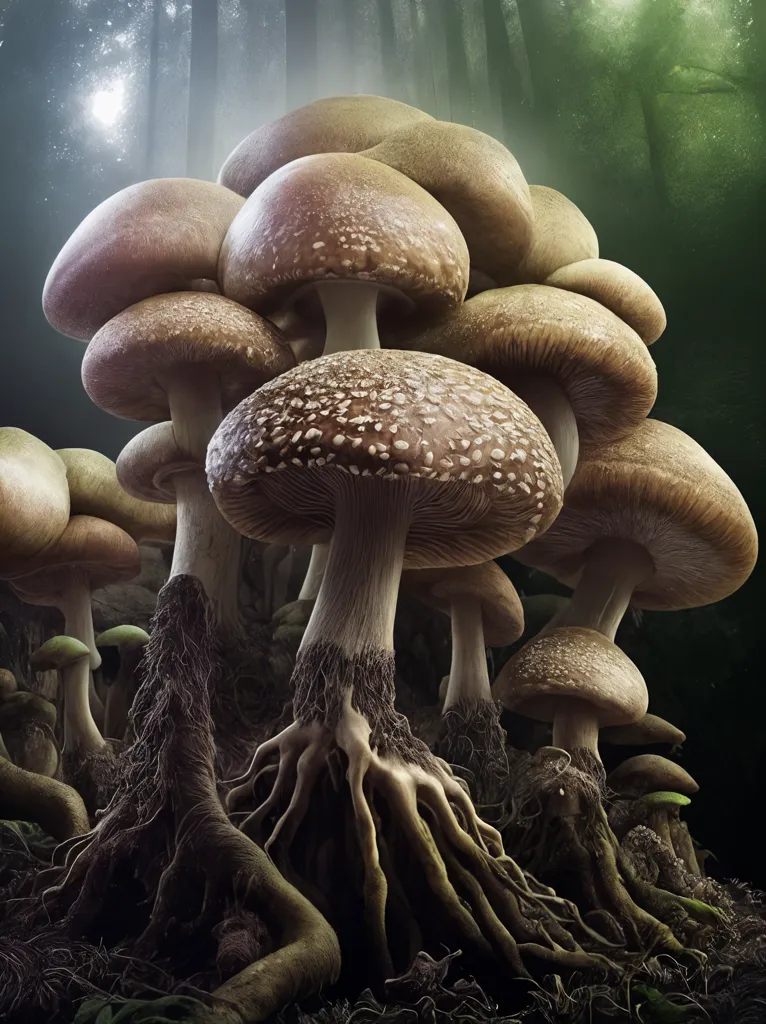 The image is a photo of a group of large mushrooms in a forest. The mushrooms are brown and have white spots on their caps. They are arranged in a circle, with the largest mushroom in the center. The mushrooms are surrounded by tall grass and trees. The forest is dark and mysterious. There is a bright light coming from the top of the image, which is casting shadows over the mushrooms.