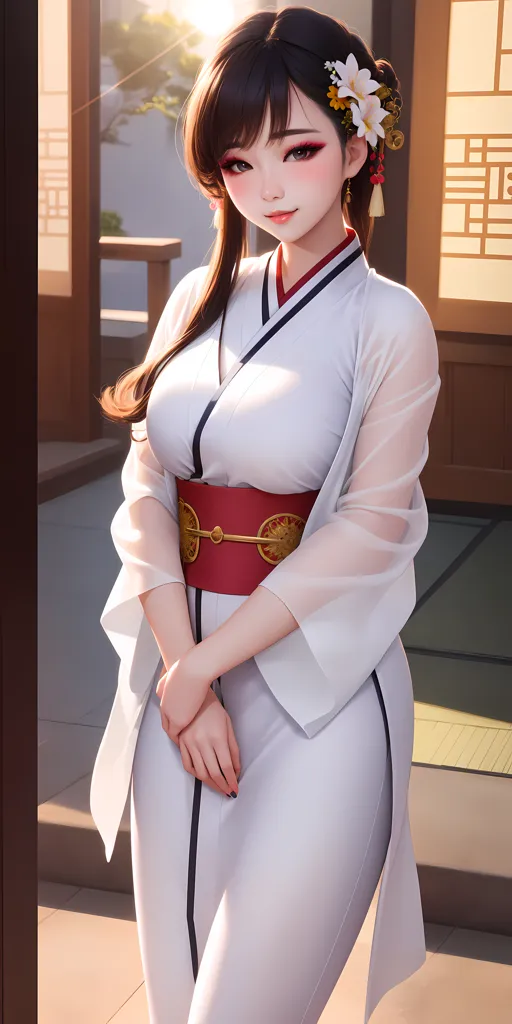 The picture shows a young woman, with long dark hair and brown eyes. She is wearing a white kimono with a red obi sash. There are white and yellow flowers in her hair. She is standing in a traditional Japanese house.