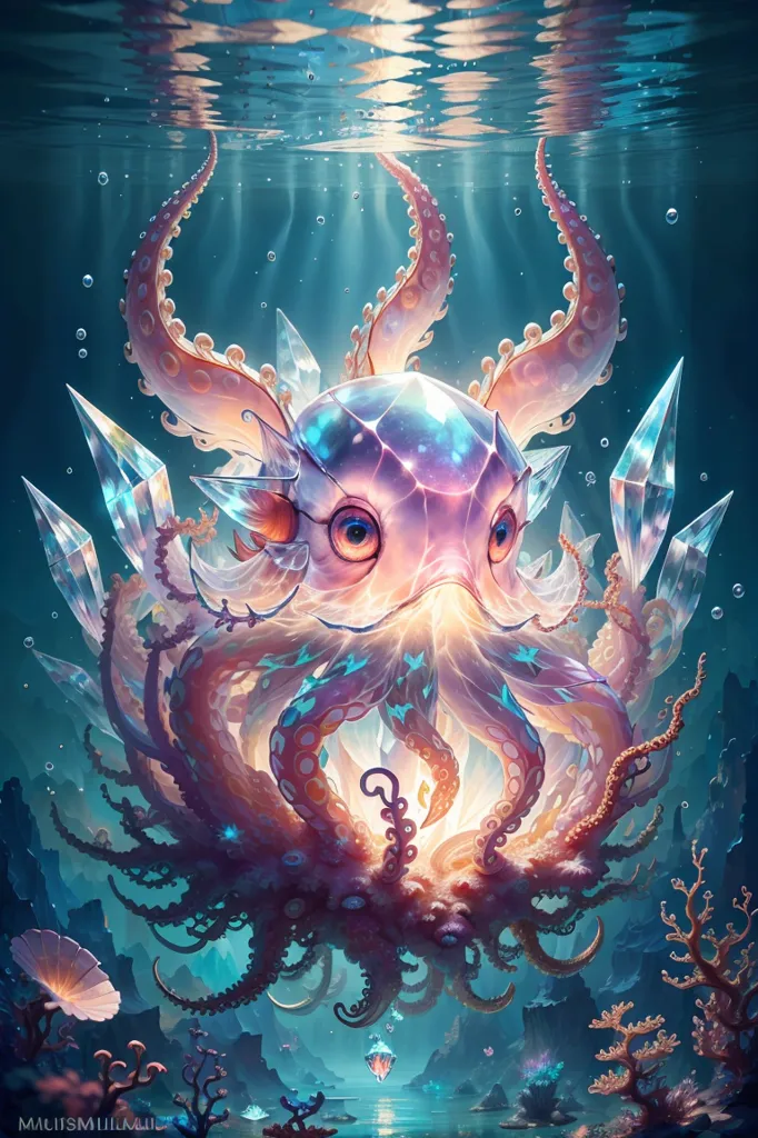 La imagen es una pintura digital de una criatura similar a un pulpo. La criatura es principalmente rosa con acentos azules y morados. Tiene ocho tentáculos, cada uno de los cuales está rematado con un cristal. La criatura también está rodeada de cristales, y se pueden ver corales y otras formas de vida marina en el fondo. La criatura se encuentra contra un fondo azul oscuro, y el agua se representa de color azul claro y transparente.