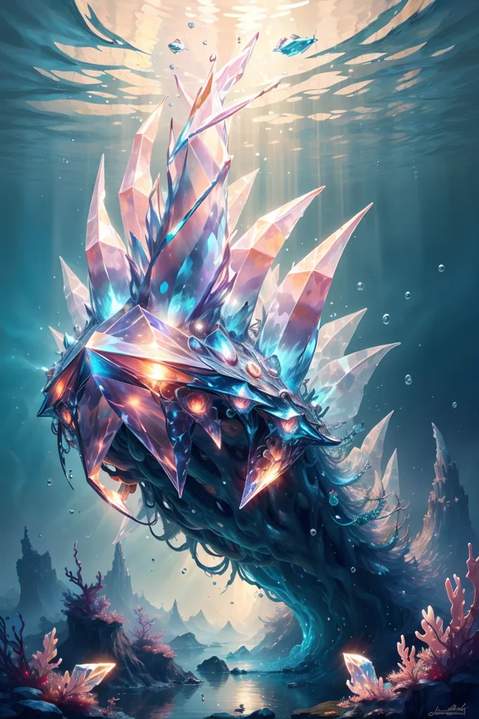 The image is a digital painting of a large, fantastical sea creature. The creature has a long, serpentine body with a large, crystal-like head. Its body is covered in sharp spikes, and it has several large fins that protrude from its back. The creature is swimming in a deep ocean trench, and there are several small fish swimming around it. The trench is lit by a beam of sunlight that is shining down from the surface.