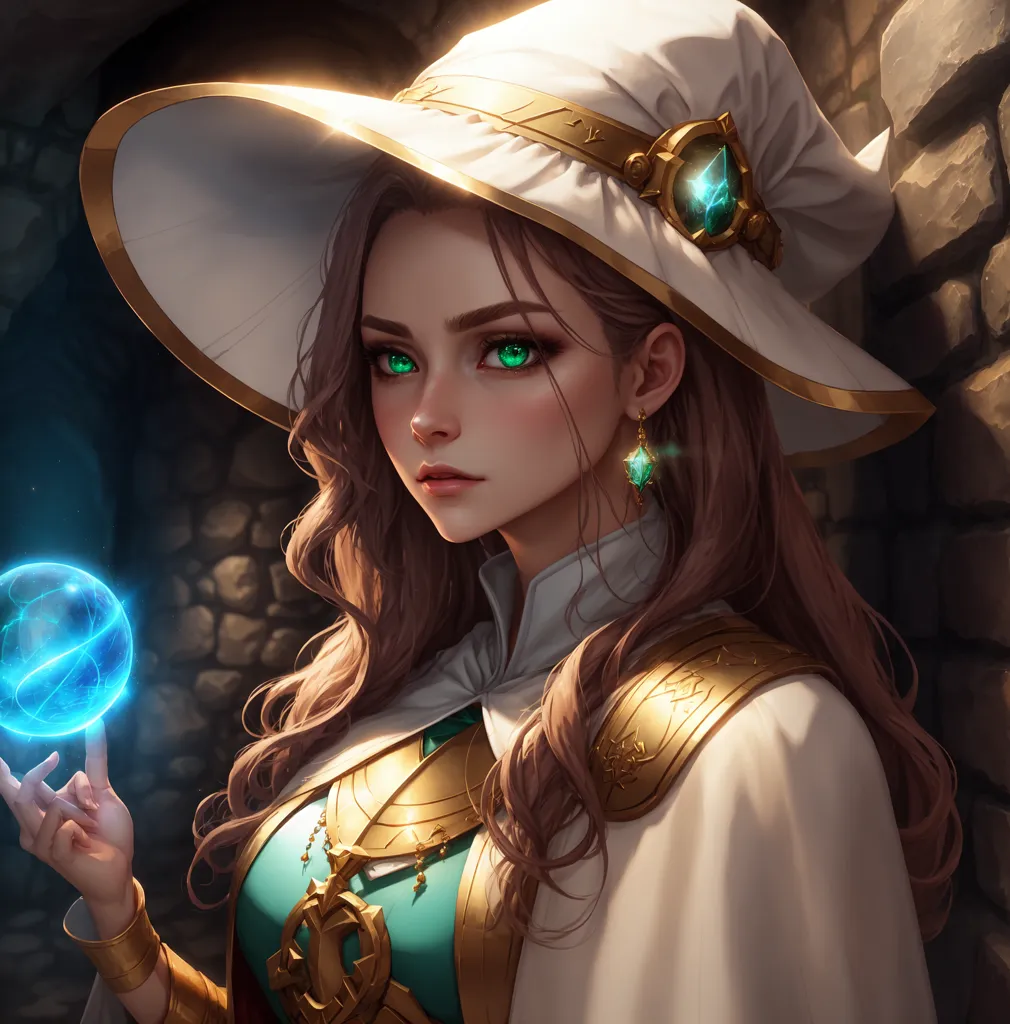 This is an image of a beautiful young woman with long, wavy brown hair. She is wearing a white and gold robe with a large white hat. The hat has a green jewel in the front. She is also wearing green earrings. The woman is holding a glowing blue ball of energy in her right hand. She has a serious look on her face. She is standing in a dark room with stone walls.