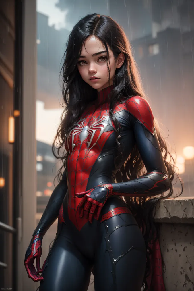 The image is of a young woman with long black hair in a Spider-Man costume. The suit is red and blue with a large spider symbol on the chest. The woman is standing on a rooftop, looking at the camera. The background is a cityscape with tall buildings and a dark sky. The woman's expression is serious and determined.