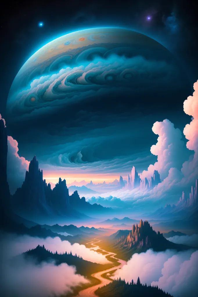 The image is a beautiful landscape of an alien planet. The planet is blue and green, with a thick atmosphere. There are clouds in the sky and a large moon in the distance. The planet is covered in lush vegetation. There is a river running through the valley. The river is surrounded by trees and mountains. The mountains are covered in snow. The sky is a deep blue color. There are two moons in the sky. The moons are a light blue color. The image is very peaceful and serene.