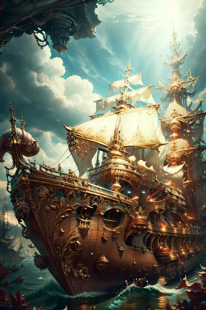 The image is of a large, ornate ship with white sails. The ship has a golden hull with intricate carvings and a figurehead of a woman with long, flowing hair. The ship is surrounded by smaller boats and is flying a flag with a red dragon on it. The sky is blue and cloudy, and the water is a deep blue. The ship is moving quickly through the water, and there are waves crashing against its sides. The image is full of detail and is very realistic. It is clear that the artist put a lot of time and effort into creating it.