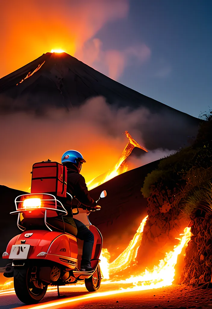 Ada seorang pengendara skuter dengan helm biru dan jaket hitam dengan kotak pengiriman merah di bagian belakang skuternya. Dia sedang mengendarai di jalan di samping sebuah gunung berapi. Gunung berapi itu sedang meletus dan ada lava yang mengalir di sisi gunung. Langit berwarna oranye dan tanah berwarna hitam karena lava.