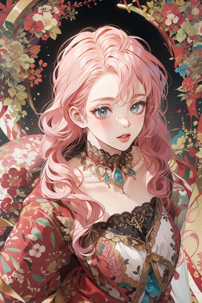 The image is a painting of a beautiful woman with pink hair and blue eyes. She is wearing a red and gold dress with a white camisole. The dress is decorated with floral patterns. The woman is standing in front of a dark background with a floral wreath around her head.