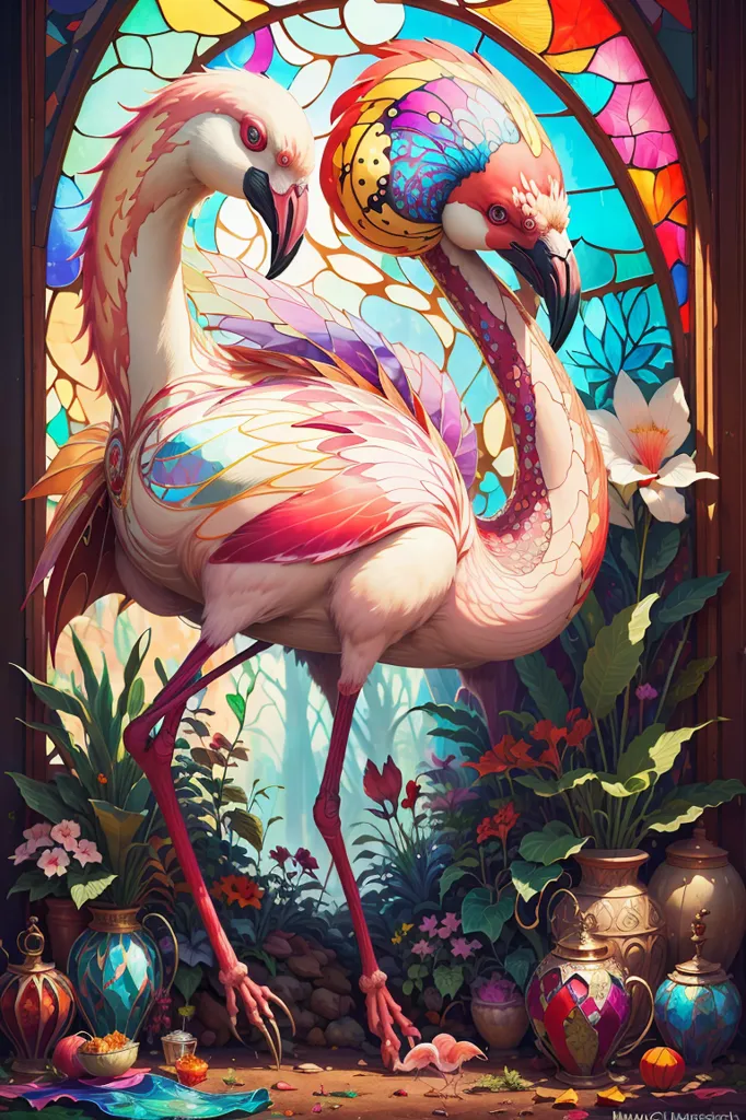 The image is a painting of two pink flamingos in a stained glass window. The flamingos are standing in a lush garden, surrounded by flowers and plants. The painting is done in a realistic style, and the colors are vibrant and lifelike. The flamingos are depicted in great detail, and their feathers are especially beautiful. The painting is also full of symbolism. The flamingos are often seen as symbols of love and beauty, and the garden is a symbol of fertility and growth. The painting is likely meant to convey a sense of peace and tranquility.