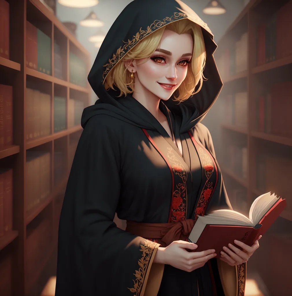 L'image montre une belle jeune femme debout dans une bibliothèque. Elle porte une robe noire avec des bordures dorées et une capuche. La robe est brodée de fleurs rouges et dorées. Elle a de longs cheveux blonds et des yeux dorés. Elle sourit et tient un livre ouvert. Il y a des étagères de livres tout autour d'elle.