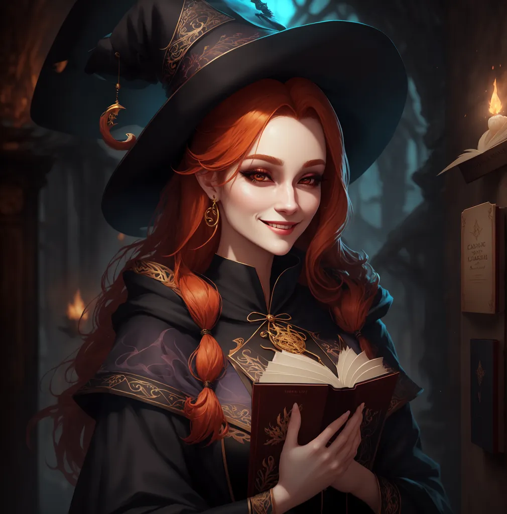 The image is of a beautiful young woman with long red hair and green eyes. She is wearing a black witch's hat with a crescent moon on it and a matching black dress with gold trim. She is holding a book in her hands and has a quill tucked into her belt. She is standing in a dark room with a stone floor and there are bookshelves and candles on the walls.