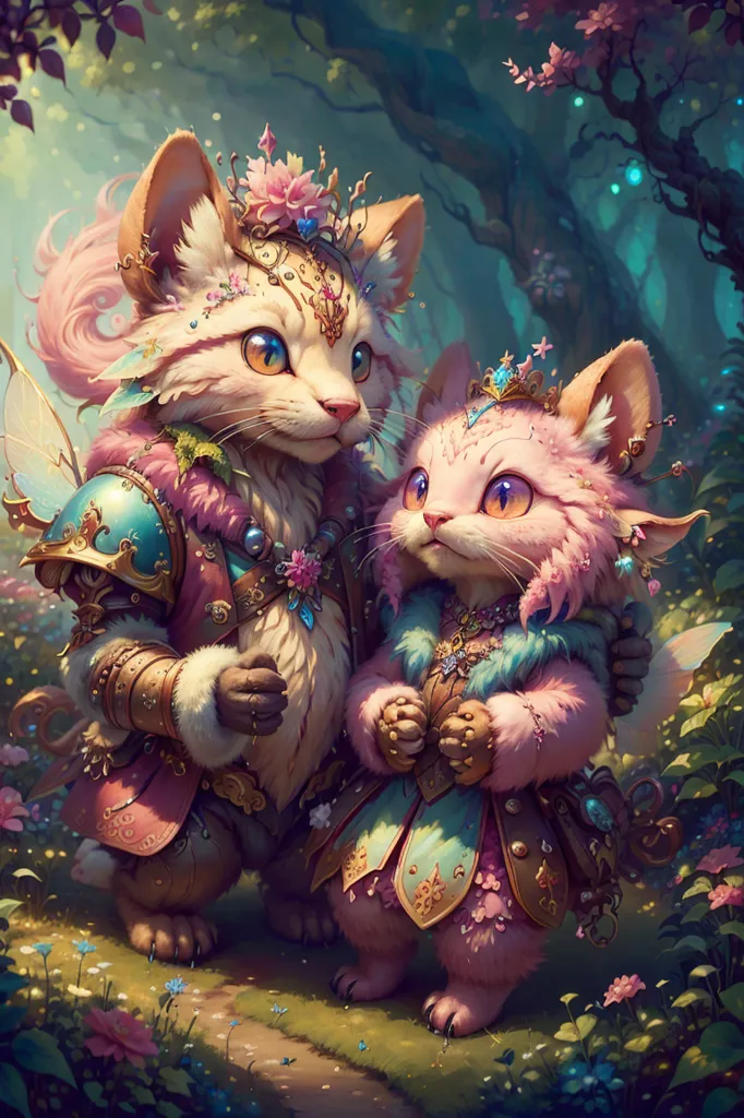 This image shows two cute cat-like creatures in a lush forest setting. They are both dressed in elaborate outfits and have flowers in their hair. The taller one has white fur and pink eyes, and is wearing a pink and gold outfit with a cape. The smaller one has pink fur and blue eyes, and is wearing a pink and blue outfit. They are standing close to each other and looking at each other affectionately. In the background, there are many different types of flowers and plants, and a few mushrooms. The image has a soft, dreamy quality and is full of vibrant colors.