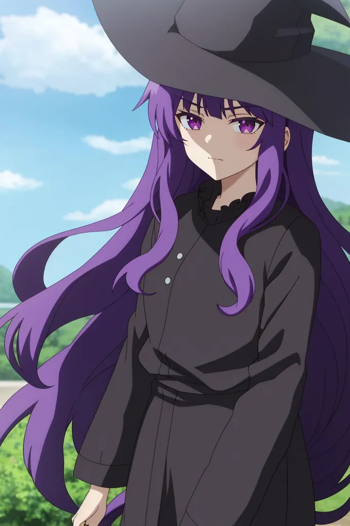 A young girl with purple hair and purple eyes is wearing a black witch hat and a black dress with a white collar. She has a serious expression on her face. She is standing in a field with a blue sky and white clouds behind her.