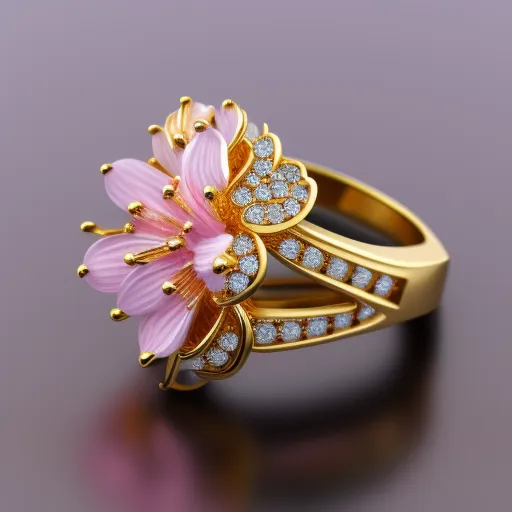 The image shows a ring made of yellow gold. The ring is decorated with pink enamel and diamonds. The ring has a flower-shaped head with five petals. The petals are decorated with pink enamel and diamonds. The center of the flower is decorated with a cluster of diamonds. The ring has a split shank that is decorated with diamonds.