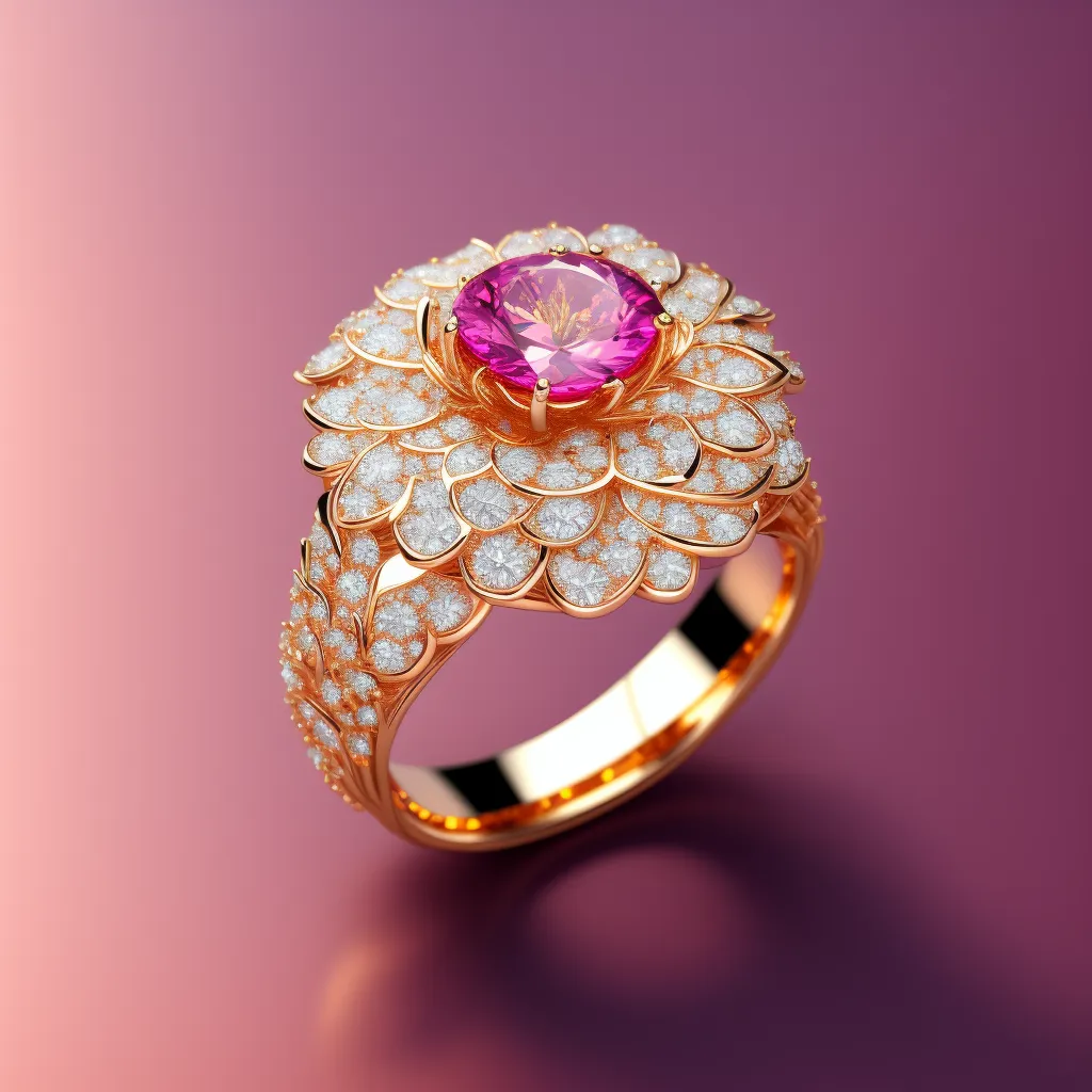 The image is a 3D rendering of a gold ring with a pink gemstone. The ring is designed to look like a flower, with the gemstone in the center and petals made of diamonds. The ring is on a pink background.