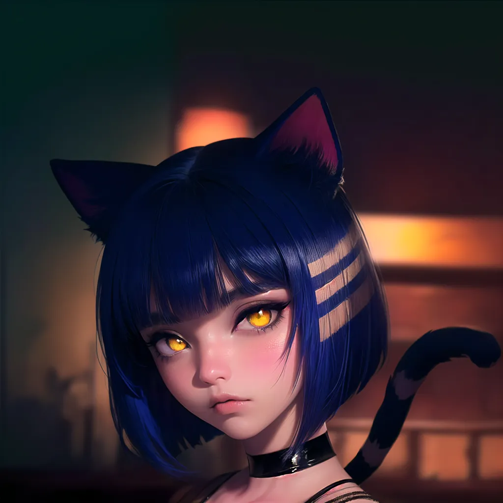 The image is a digital painting of a young woman with cat ears and a cat tail. She has short blue hair with yellow eyes and a black choker. She is wearing a black top and is looking at the viewer with a curious expression. The background is a dark room with a warm light source on the right side.