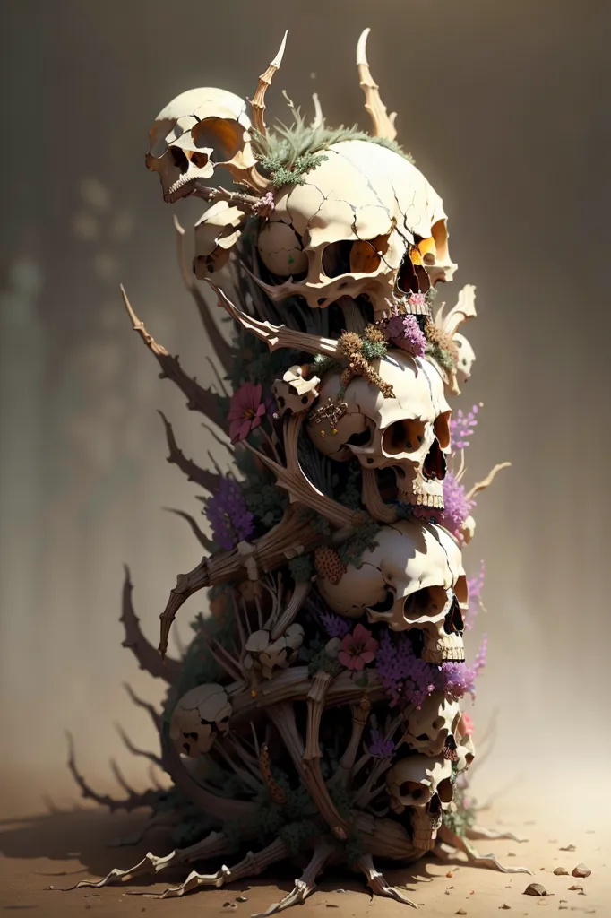 This is a digital painting of a skull totem. The skulls are arranged in a vertical column, with the largest skull at the bottom and the smallest skull at the top. The skulls are connected by a series of branches, which are also decorated with skulls. The totem is covered in moss, flowers, and other vegetation, which gives it a somewhat eerie appearance. The background is a dark, neutral color, which makes the totem stand out.