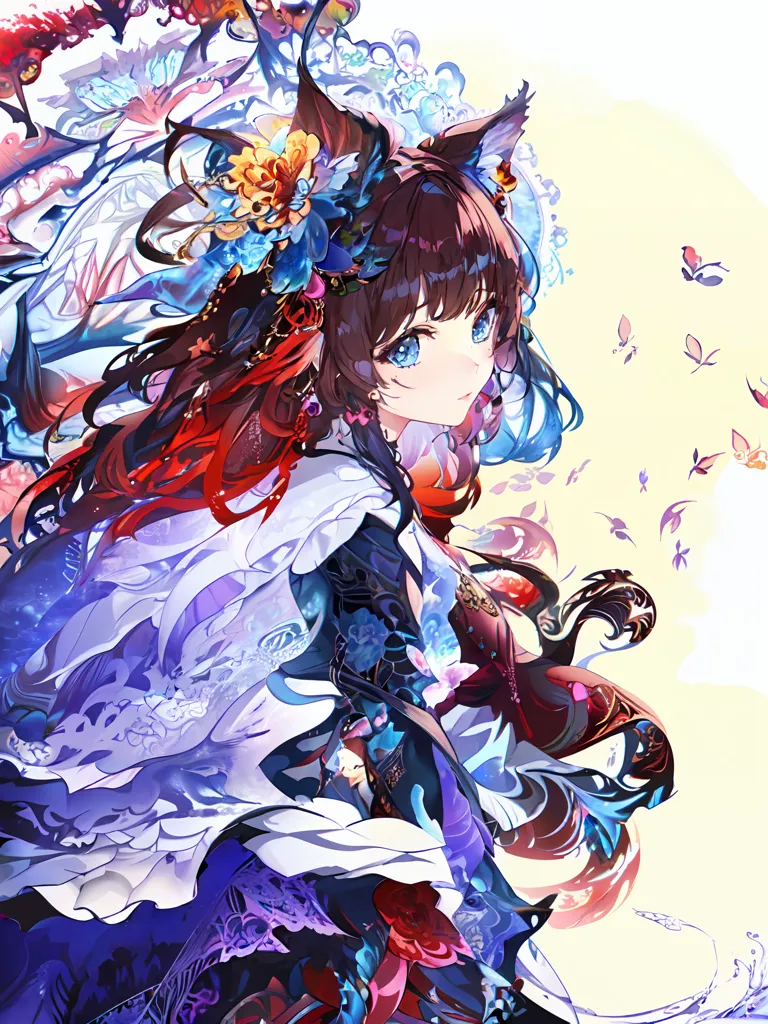 The image is a painting of a young woman with cat ears. She has long, flowing brown hair and blue eyes. She is wearing a traditional Japanese kimono with a floral pattern. The kimono is white and blue with red and gold accents. She is also wearing a red and white obi sash. Her hair is decorated with a number of hair accessories, including a large red flower. She has a gentle smile on her face and is looking at the viewer. The background of the image is a light yellow color. There are also a number of butterflies in the background. The image is drawn in a realistic style and the colors are vibrant and bright.