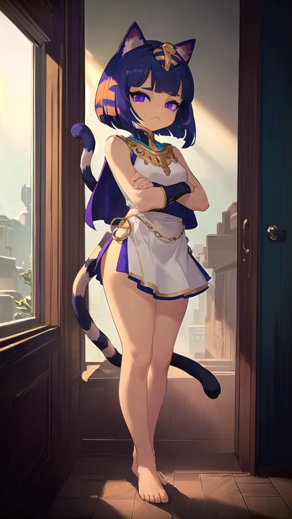 The image is of a young woman with cat ears and a tail. She is wearing a white and blue outfit and is standing in a doorway. She has her arms crossed and is looking at the viewer with an annoyed expression on her face. The background is a blurred cityscape.