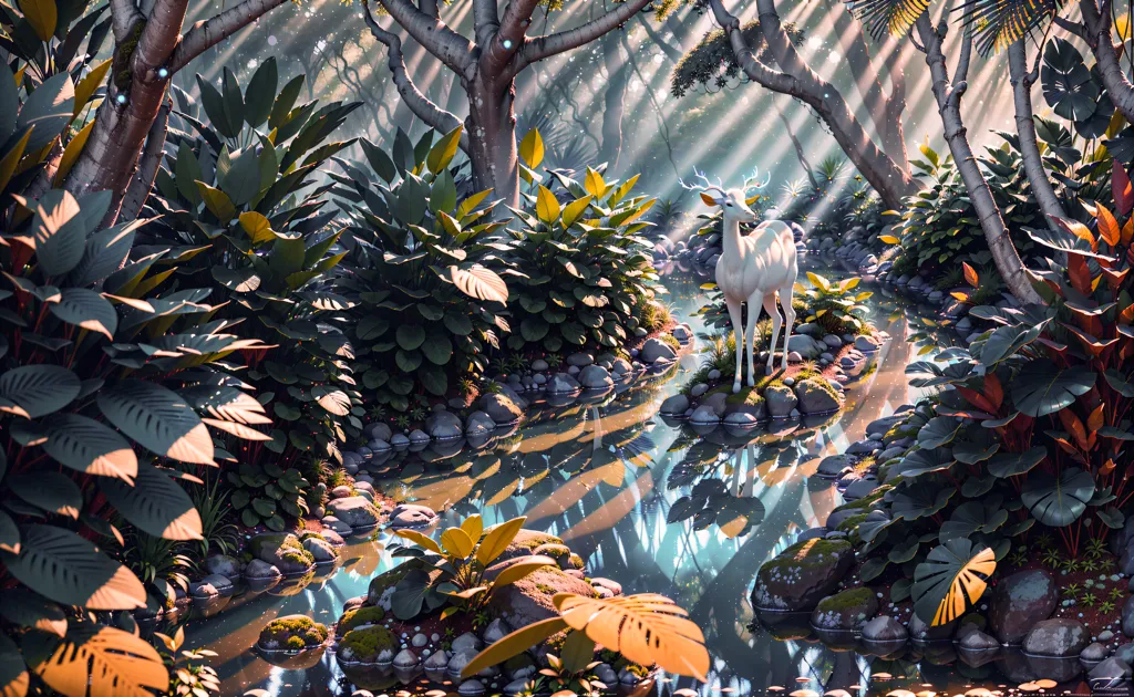 A imagem é uma pintura digital de uma cena de selva exuberante. O primeiro plano é dominado por um grande cervo branco em pé sobre uma rocha no meio de um rio raso. O cervo está rodeado de vegetação exuberante, incluindo folhas verdes grandes e árvores altas e esbeltas. O fundo da imagem é um borrão de verde, com os raios do sol brilhando através das árvores. A imagem está cheia de cores vibrantes e tem uma qualidade onírica.