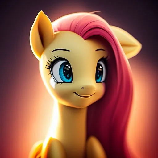 The image shows a 3D rendering of a pony from the My Little Pony franchise. The pony is yellow with a pink mane and tail. It has big blue eyes and a happy expression on its face. The pony is standing in a spotlight, which is casting a warm glow over its body. The background is a dark purple color.