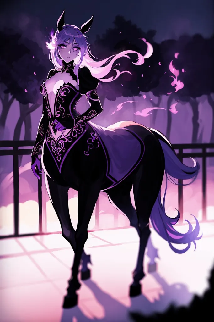 The image is of a centaur, a mythical creature with the upper body of a human and the lower body of a horse. The centaur is female, with long purple hair and purple eyes. She is wearing a black and purple bodysuit with a purple gem in the center of her chest. She is also wearing black boots and gloves. The centaur is standing in a forest, with trees in the background. The ground is covered in purple flowers. The centaur is looking at the viewer with a serious expression.