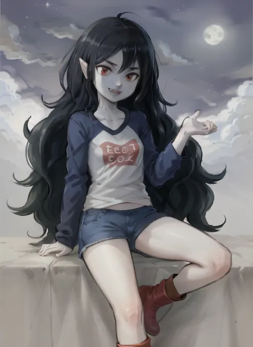 The image is of a young woman with long black hair, red eyes, and a pale complexion. She is wearing a white shirt, blue shorts, and red boots. She is sitting on a ledge with her left hand resting on her knee and her right hand extended outward. She has a mischievous expression on her face and appears to be in a playful mood. The background is a night sky with a full moon and clouds.