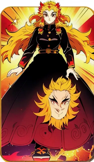 A imagem é de um personagem da série de anime "Kimetsu no Yaiba" chamado Kyojiro Rengoku. Ele é um Flame Hashira, um dos espadachins mais poderosos do Demon Slayer Corps. Ele é retratado em pé com sua espada desembainhada, pronto para atacar. Ele está usando um haori preto e vermelho com um padrão de chamas. Ele tem cabelos longos e amarelos e olhos vermelhos. Sua expressão é de determinação e foco. O fundo é de uma cor amarela e laranja brilhante.