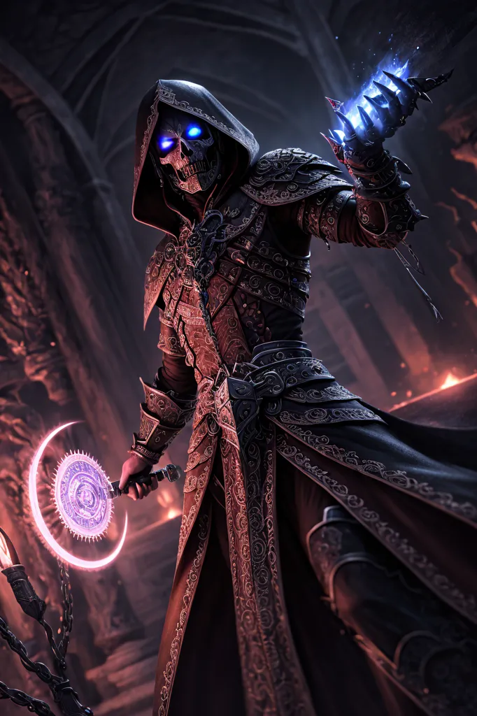 The image is of a skeletal figure wearing a dark red robe with gold trim. The figure is holding a staff in its right hand and a glowing blue orb in its left hand. It is standing in a dark room with a large stone pillar in the background.