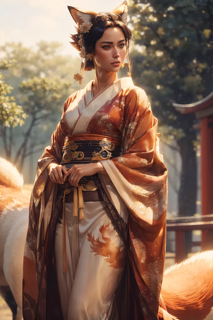 La imagen muestra a una hermosa mujer joven con cabello castaño largo y orejas de zorro. Ella está usando un kimono japonés tradicional con un patrón floral y un obi blanco. También está usando una máscara de zorro y tiene una cola de zorro. La mujer está de pie en un bosque y está rodeada de árboles.