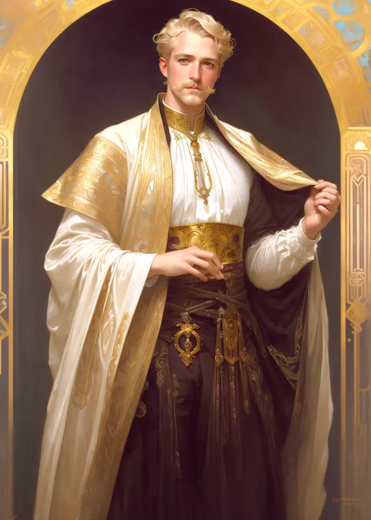 This is a portrait of a young man with blond hair and blue eyes. He is wearing a white shirt with a golden sash and a long white and gold cape. He has a gold necklace and a golden belt with a large golden buckle. He is standing in front of a dark background with a golden archway.