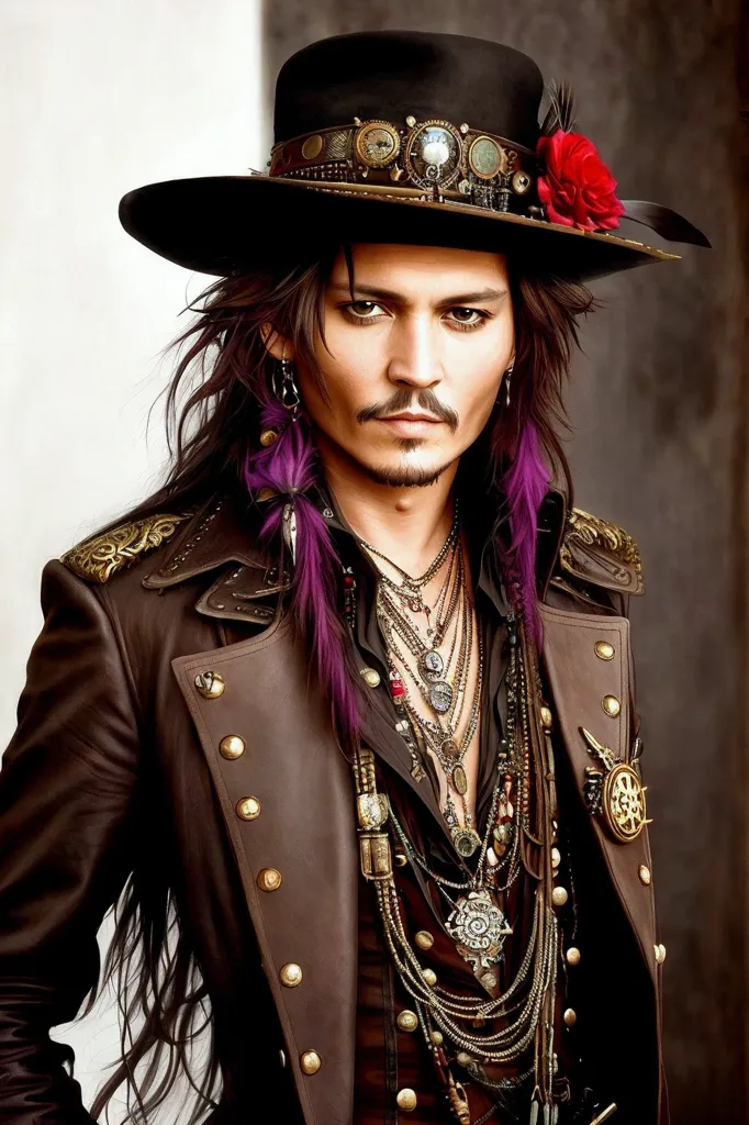 Esta é uma imagem de Johnny Depp. Ele está usando um casaco de couro marrom com muitos botões dourados e correntes douradas em volta do pescoço. Ele tem um chapéu preto com uma rosa vermelha e uma pena. Seu cabelo é longo e escuro, com mechas roxas. Ele tem um bigode e uma barba. Ele está olhando para a câmera com uma expressão séria.