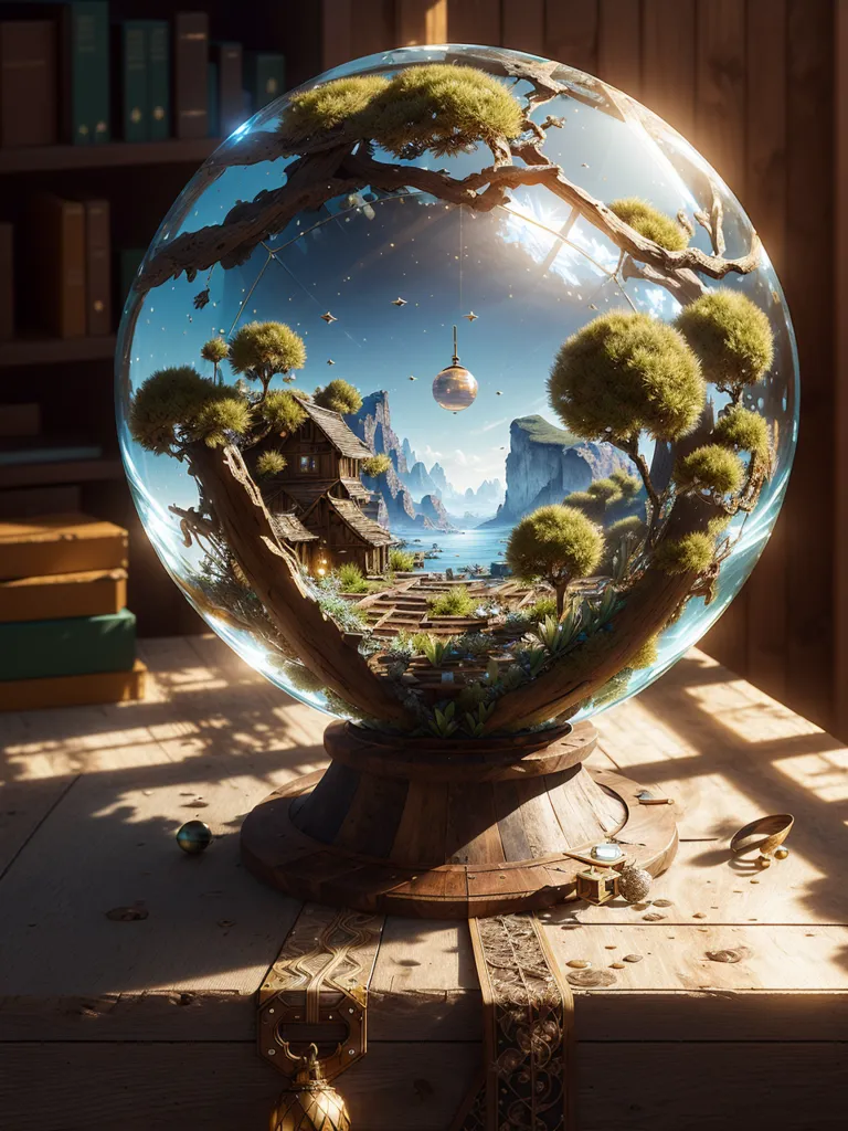 The image is a 3D rendering of a glass sphere sitting on a wooden table. Inside the sphere is a small world with a house, trees, and a body of water. The sphere is sitting on a wooden table and there are books and other objects on the table. The background is a blurred image of a library.